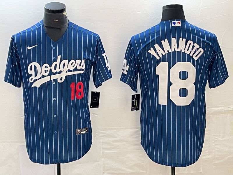 Men Los Angeles Dodgers 18 Yamamoto Blue stripe Nike Game MLB Jersey style 8